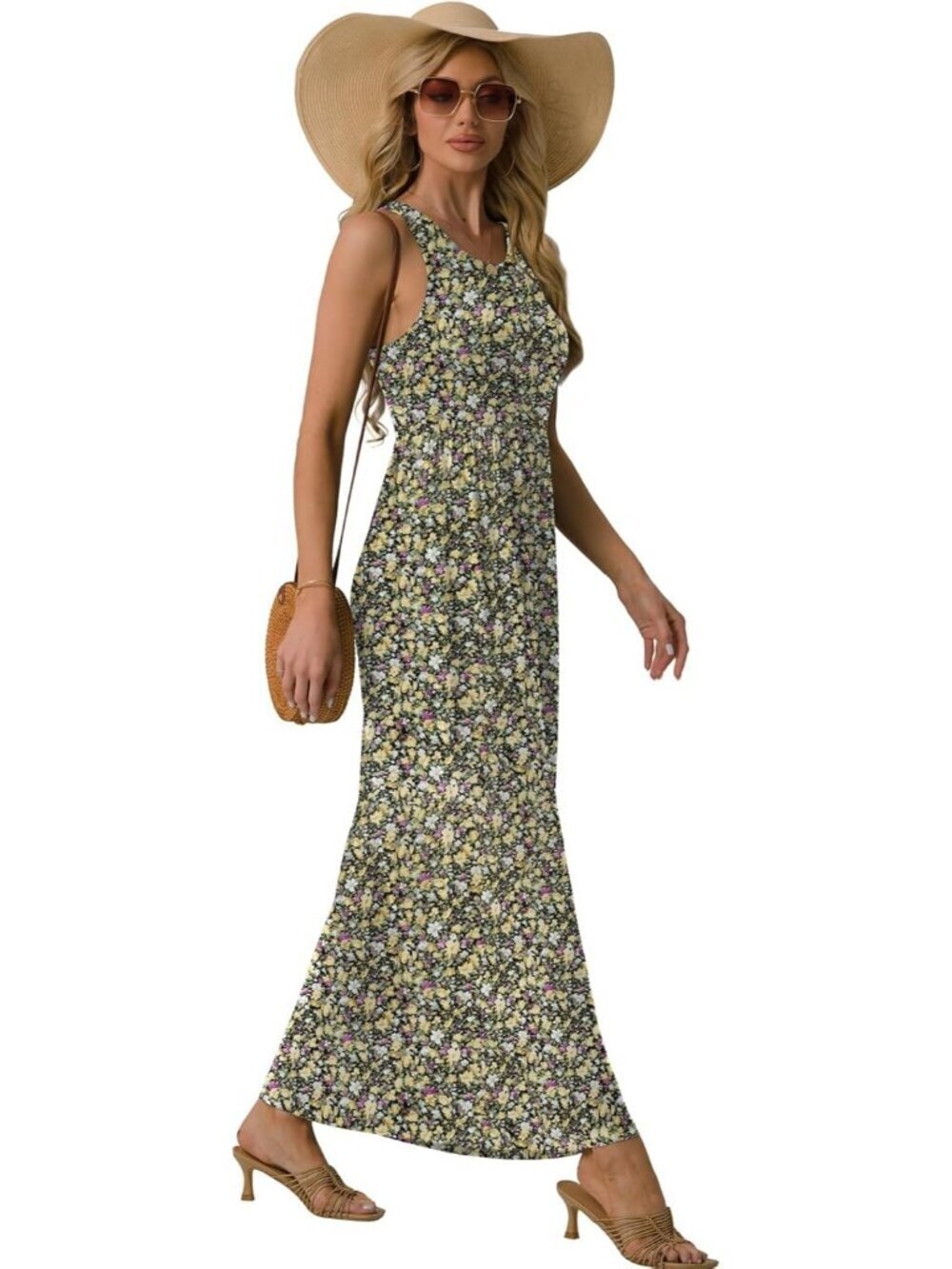 Women's Floral Black Yellow Sleeveles Casual Long Tank  with Pockets Maxi Dress - Picture 5 of 6